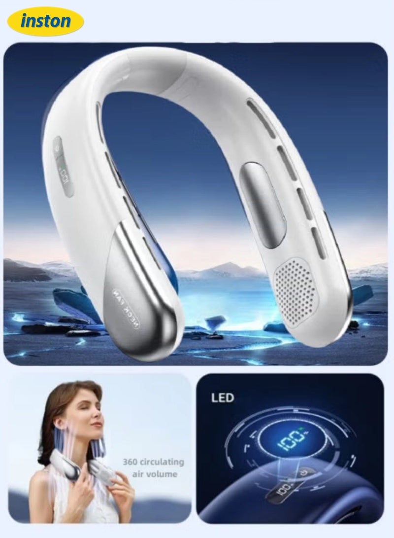 inston Portable neck fan, 360° surround strong wind, rechargeable 5-speed portable fan, suitable for sports, travel, outdoor and indoor use, with digital battery display (white) - Image 1