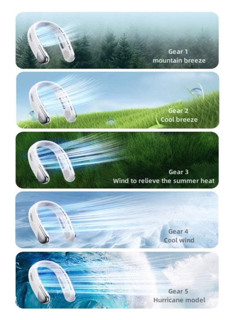 inston Portable neck fan, 360° surround strong wind, rechargeable 5-speed portable fan, suitable for sports, travel, outdoor and indoor use, with digital battery display (white) - Image 3