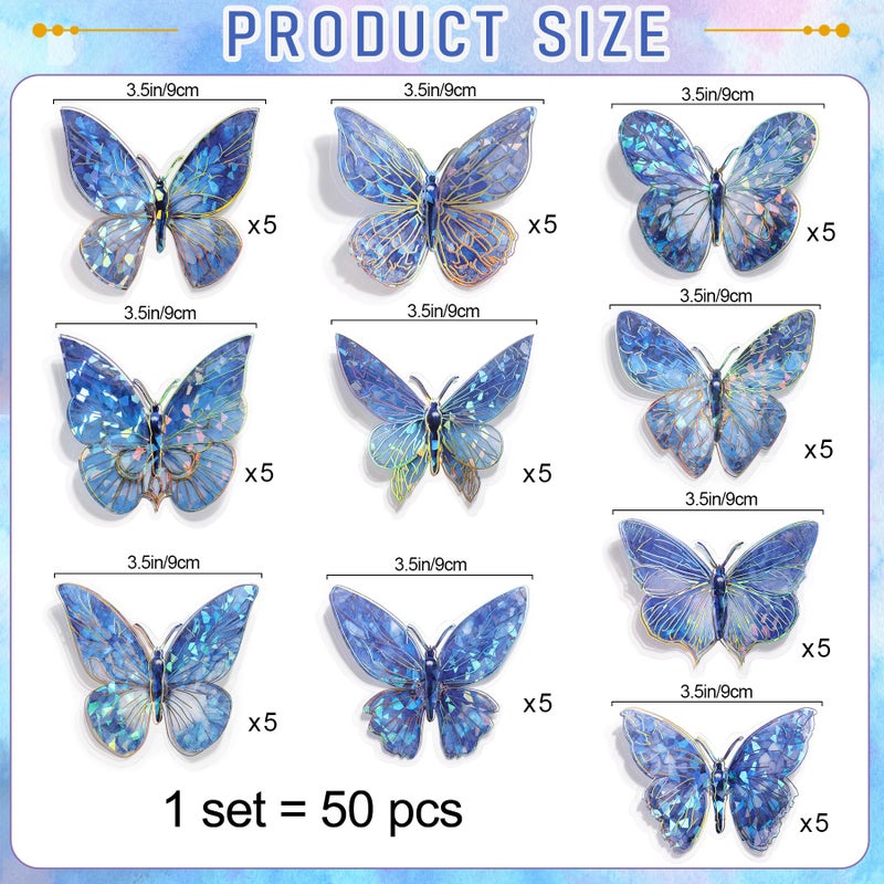 RAINBOW WSK 50 PCs Butterfly Wall Decor Cute Fairy Butterflies Wall Stickers 3D Butterflies for Birthday Cake Wedding Party Craft Room Decor Removable DIY Wall Decals sm- (Blue) - Image 4