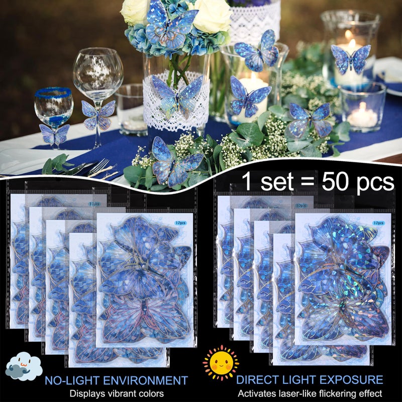 RAINBOW WSK 50 PCs Butterfly Wall Decor Cute Fairy Butterflies Wall Stickers 3D Butterflies for Birthday Cake Wedding Party Craft Room Decor Removable DIY Wall Decals sm- (Blue) - Image 3