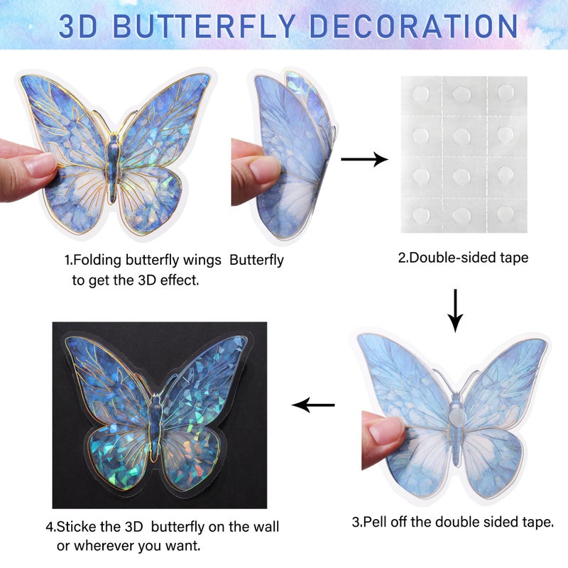 RAINBOW WSK 50 PCs Butterfly Wall Decor Cute Fairy Butterflies Wall Stickers 3D Butterflies for Birthday Cake Wedding Party Craft Room Decor Removable DIY Wall Decals sm- (Blue) - Image 5