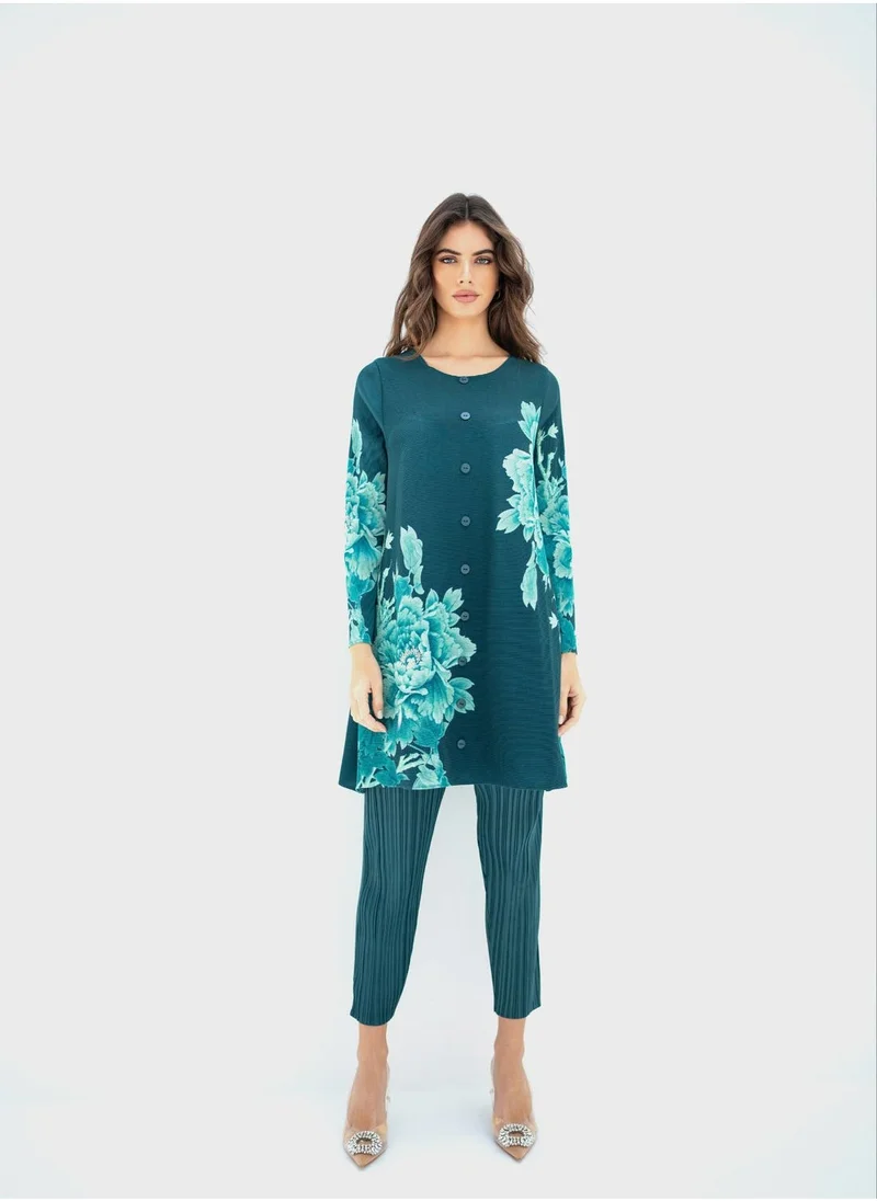 Hassal Floral Print Button Down Shirt And High Waist Pants Set