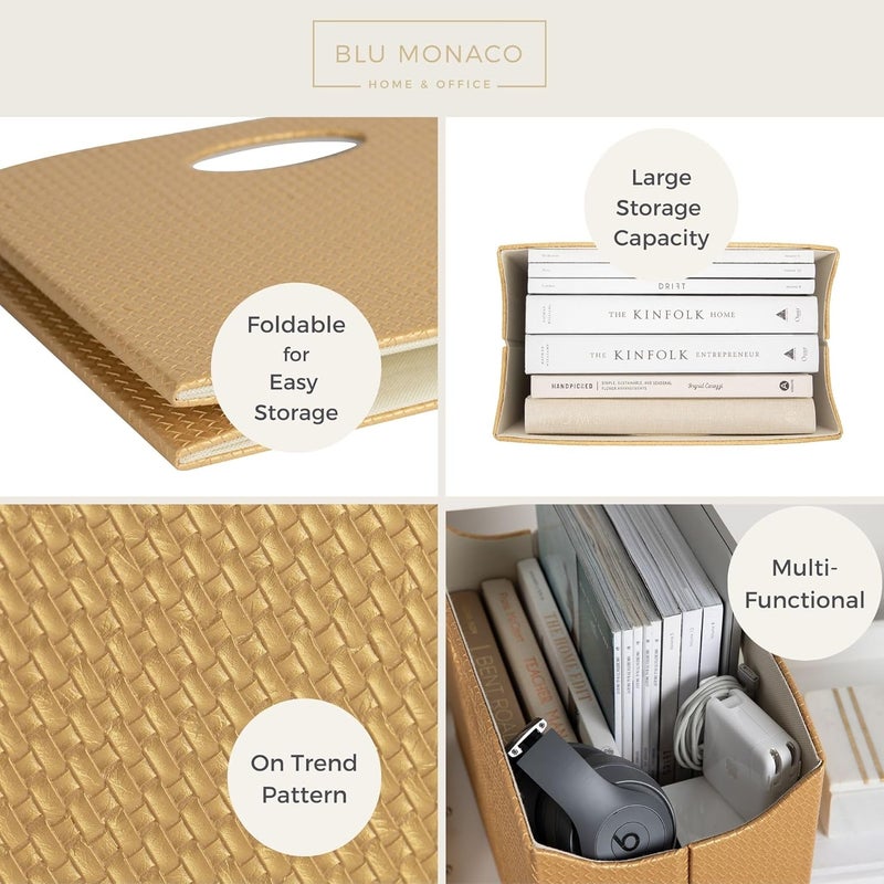Blu Monaco | Gold Magazine Holder | Woven PVC Leather Organizer with MDF Frame | Floor or Table Storage for Home Office Bathroom | Large Capacity Vertical File Basket - Image 4