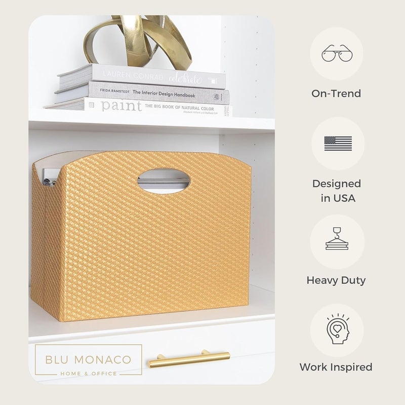 Blu Monaco | Gold Magazine Holder | Woven PVC Leather Organizer with MDF Frame | Floor or Table Storage for Home Office Bathroom | Large Capacity Vertical File Basket - Image 2