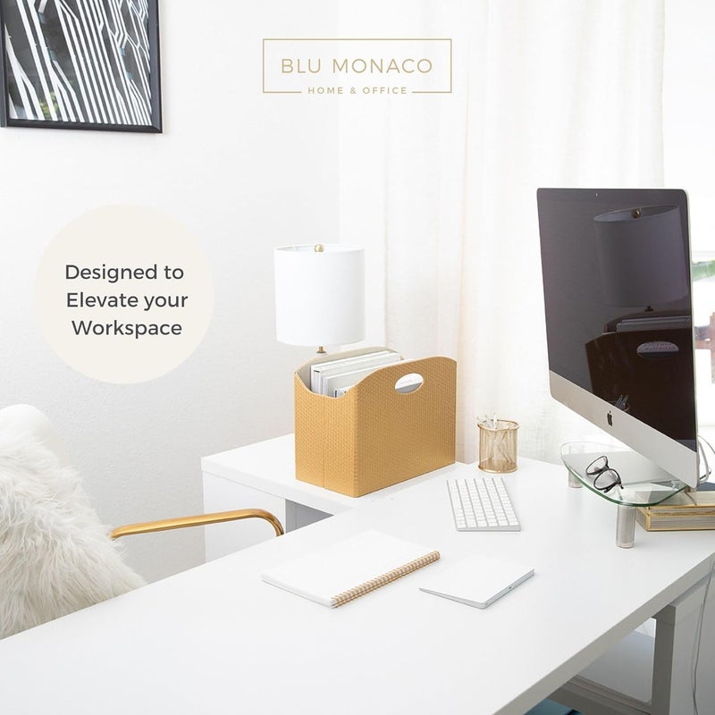 Blu Monaco | Gold Magazine Holder | Woven PVC Leather Organizer with MDF Frame | Floor or Table Storage for Home Office Bathroom | Large Capacity Vertical File Basket - Image 3