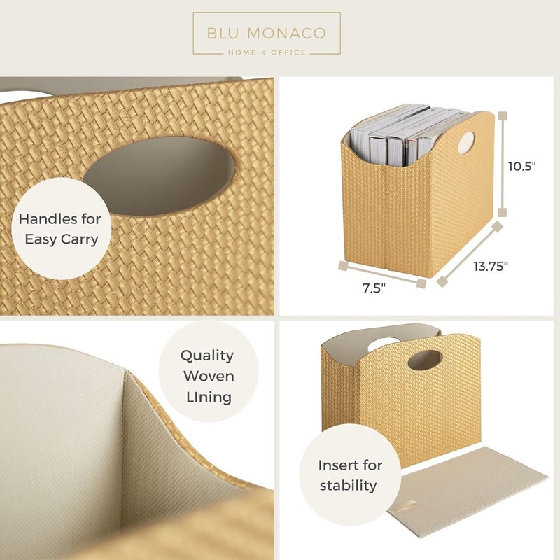 Blu Monaco | Gold Magazine Holder | Woven PVC Leather Organizer with MDF Frame | Floor or Table Storage for Home Office Bathroom | Large Capacity Vertical File Basket - Image 5
