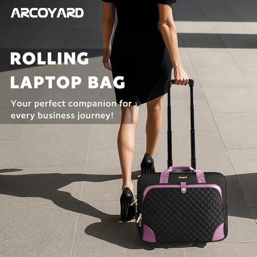Arcoyard Rolling Laptop Bag, Rolling Briefcase for Women with Waterproof Pocket, 16 Inch Computer Bag, Underseat Carry On Luggage with Wheels for Work Travel Business, Lightweight Black Purple - Image 2