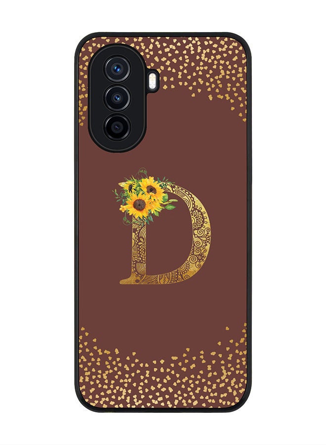 Stylizedd Rugged Black edge case for Huawei Nova Y70  Slim fit Soft Case Flexible Rubber Edges Anti Drop TPU Gel Thin Cover - Custom Monogram Initial Letter Floral Pattern Alphabet - D (Brown ) - Image 1
