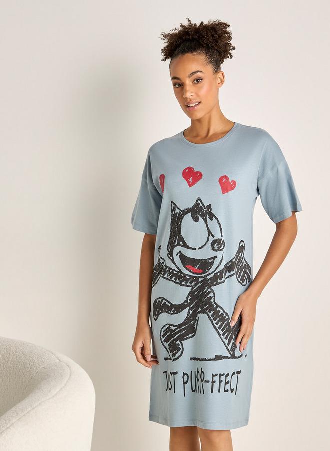 سبلاش فيڤ قميص نوم بطبعة فيليكس القط مع رقبة دائرية وأكمام قصيرة - Image 1