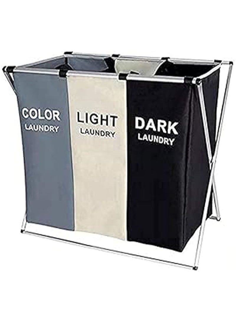 عام سلة غسيل بسعة 135 لترًا، تحتوي على 3 أقسام لتصنيف الملابس، حقيبة تنظيم قابلة للطي ومقاومة للماء مع إطار من الألمنيوم، مناسبة لتخزين الملابس المتسخة في الحمام أو غرفة الغسيل أو غرفة النوم. - Image 1