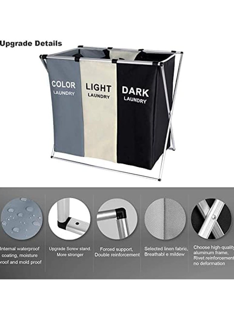 عام سلة غسيل بسعة 135 لترًا، تحتوي على 3 أقسام لتصنيف الملابس، حقيبة تنظيم قابلة للطي ومقاومة للماء مع إطار من الألمنيوم، مناسبة لتخزين الملابس المتسخة في الحمام أو غرفة الغسيل أو غرفة النوم. - Image 3