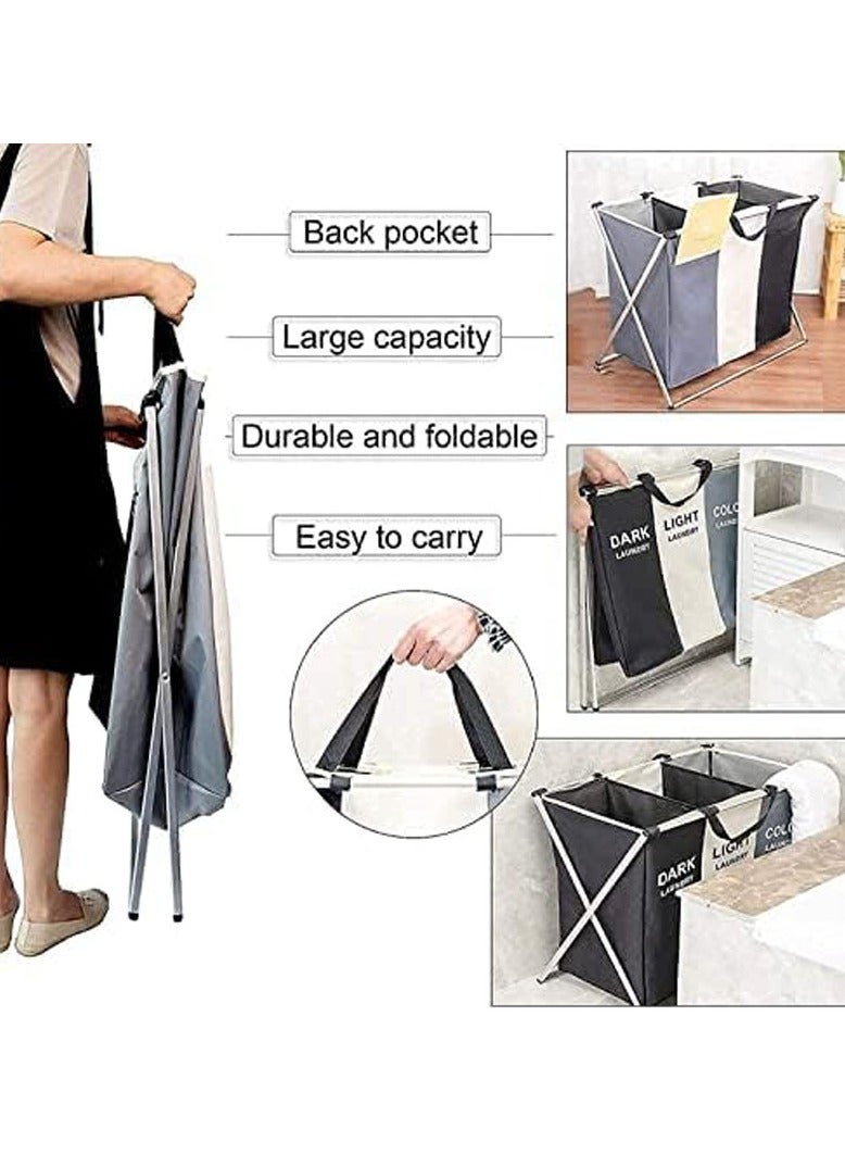 عام سلة غسيل بسعة 135 لترًا، تحتوي على 3 أقسام لتصنيف الملابس، حقيبة تنظيم قابلة للطي ومقاومة للماء مع إطار من الألمنيوم، مناسبة لتخزين الملابس المتسخة في الحمام أو غرفة الغسيل أو غرفة النوم. - Image 4