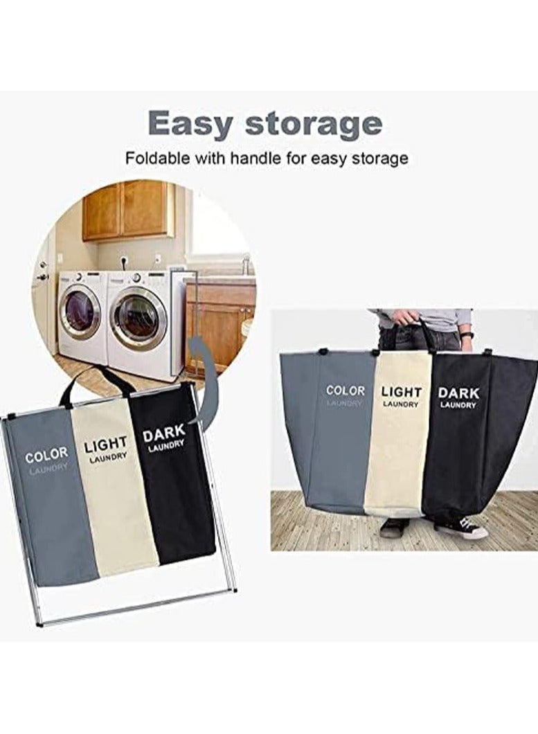 عام سلة غسيل بسعة 135 لترًا، تحتوي على 3 أقسام لتصنيف الملابس، حقيبة تنظيم قابلة للطي ومقاومة للماء مع إطار من الألمنيوم، مناسبة لتخزين الملابس المتسخة في الحمام أو غرفة الغسيل أو غرفة النوم. - Image 5