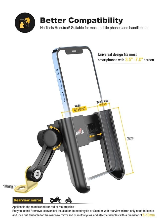 Grefay Motorcycle Phone Mount, 1S Quick Release Anti Shake Motorbike Phone Holder for 3.5-7.0 Inch Smartphone for Motorcycle Mirror Phone Mount with 360° Rotatabe - Image 4