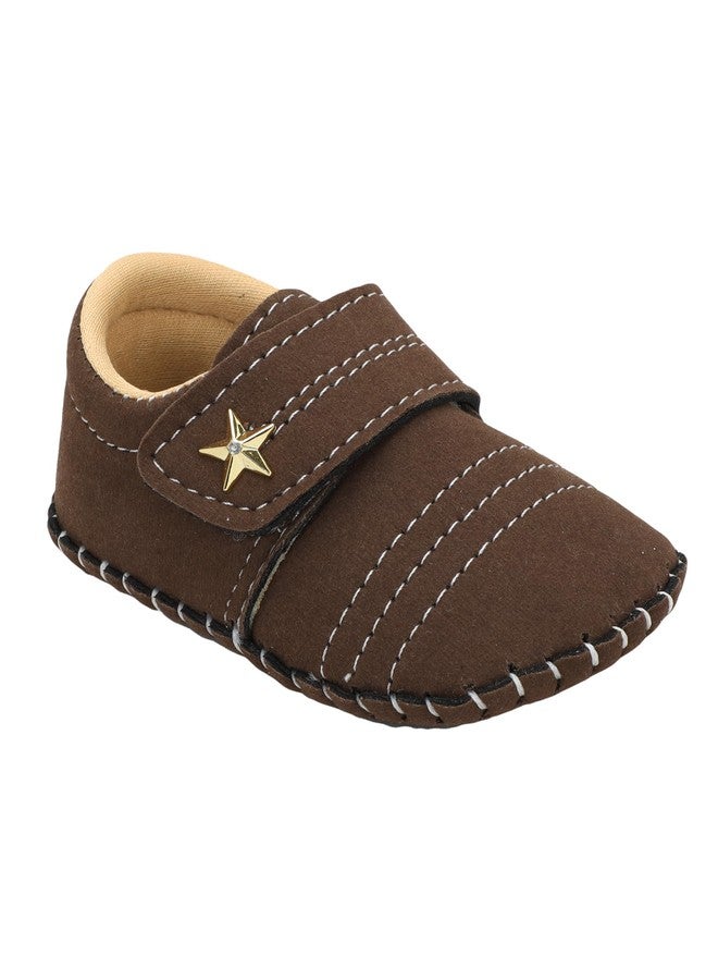 PureSole Baby Boy Soft Sole Moccasins | Brown Suede Velvet Crib Shoes with Star Accent | Non-Slip Infant First Walker Shoes | Newborns & Toddlers (6-12 Months) Plain Coffe - Image 1