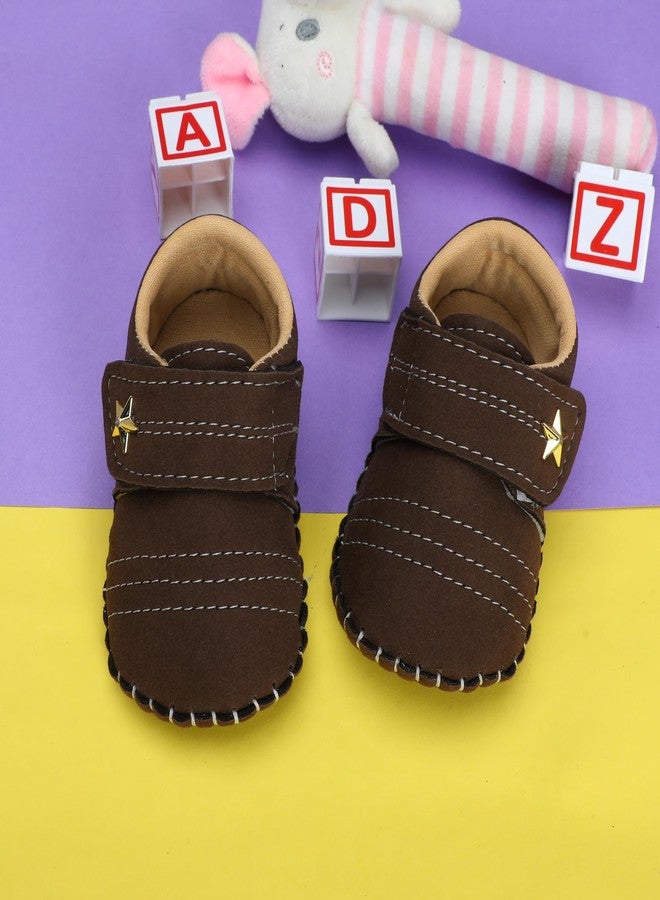 PureSole Baby Boy Soft Sole Moccasins | Brown Suede Velvet Crib Shoes with Star Accent | Non-Slip Infant First Walker Shoes | Newborns & Toddlers (6-12 Months) Plain Coffe - Image 3