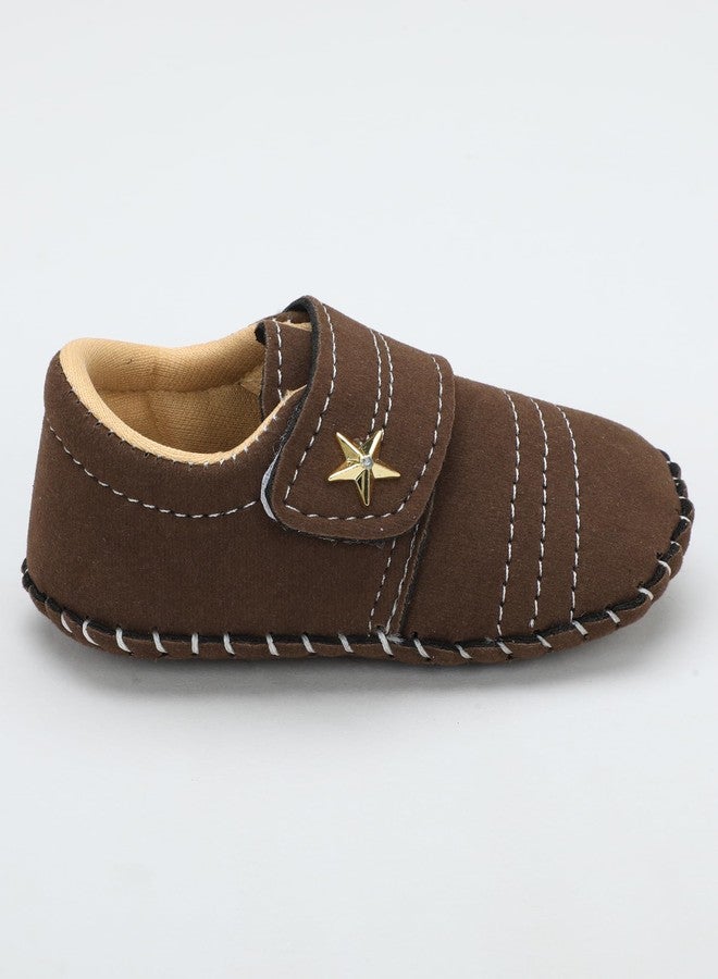 PureSole Baby Boy Soft Sole Moccasins | Brown Suede Velvet Crib Shoes with Star Accent | Non-Slip Infant First Walker Shoes | Newborns & Toddlers (6-12 Months) Plain Coffe - Image 4