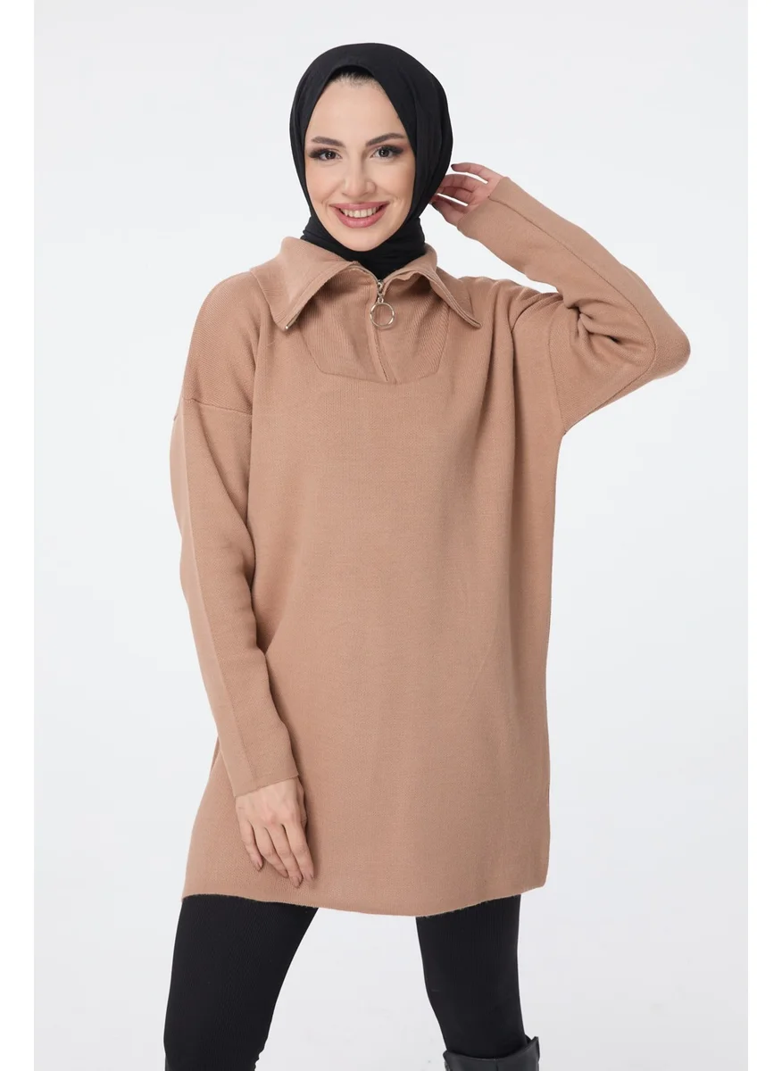 Tofisa 24211-MINK Zippered Collar Knitwear Tunic