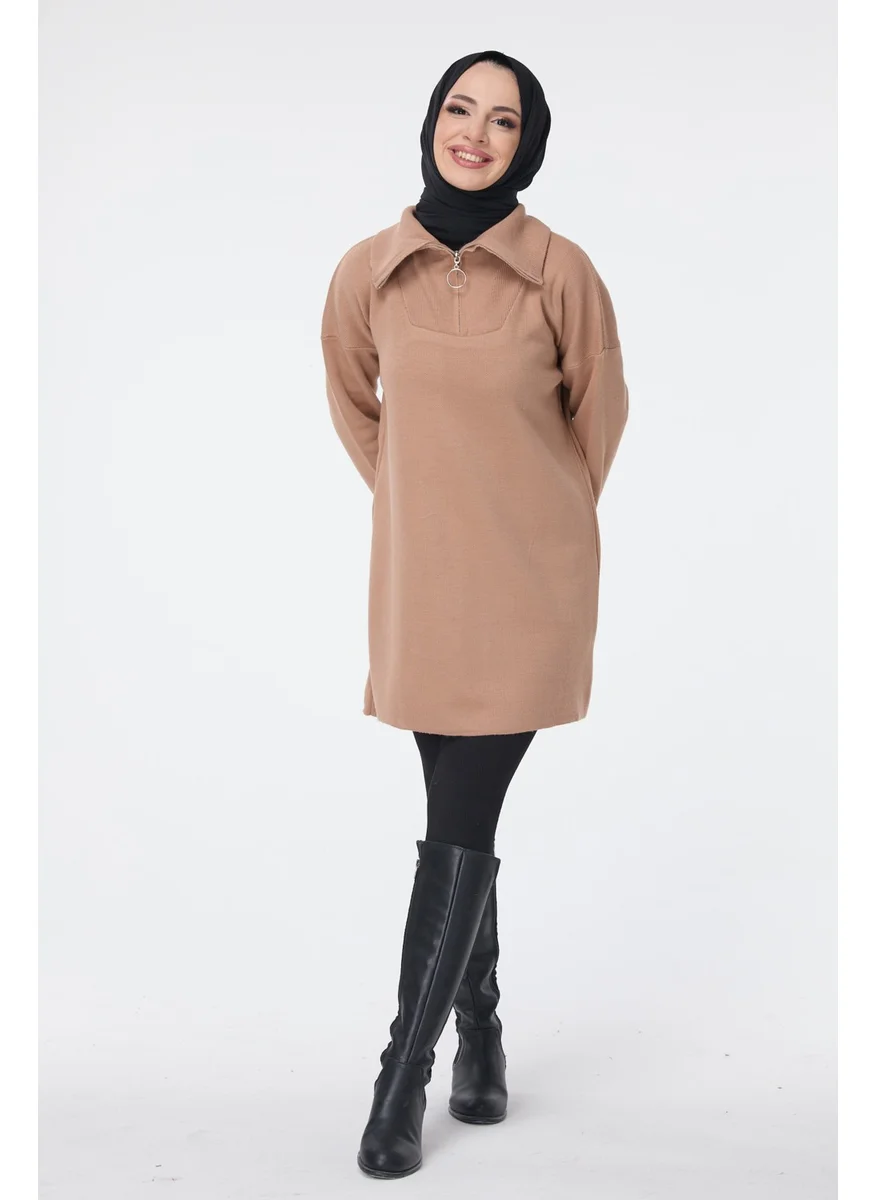 Tofisa 24211-MINK Zippered Collar Knitwear Tunic