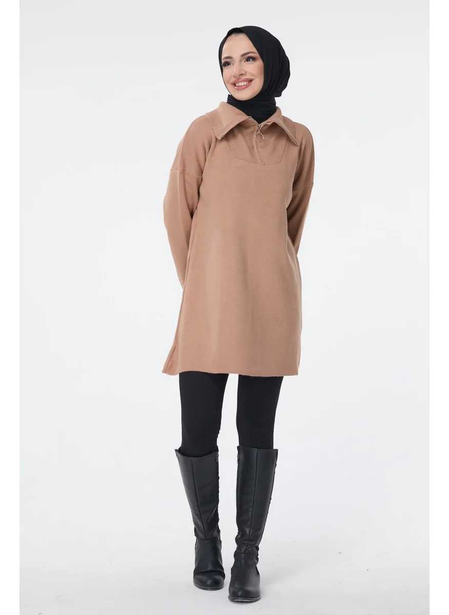 Tofisa 24211-MINK Zippered Collar Knitwear Tunic