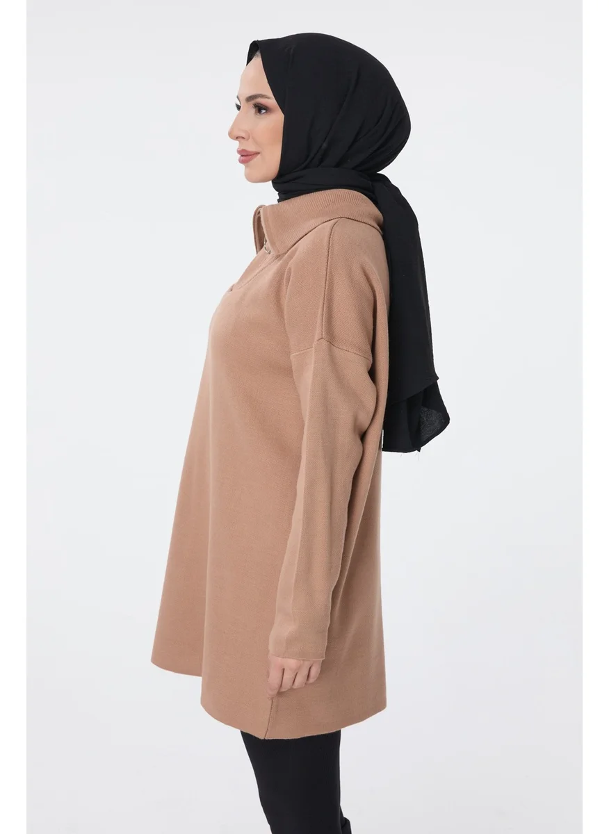Tofisa 24211-MINK Zippered Collar Knitwear Tunic