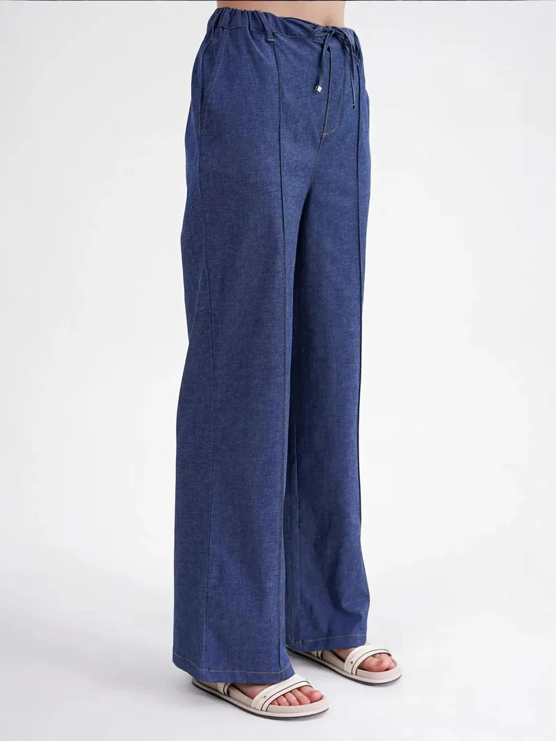 MixRay Moroccan Blue Mixray Straight Leg Drawstring Denim Looking Pants for Women | Best Price UAE