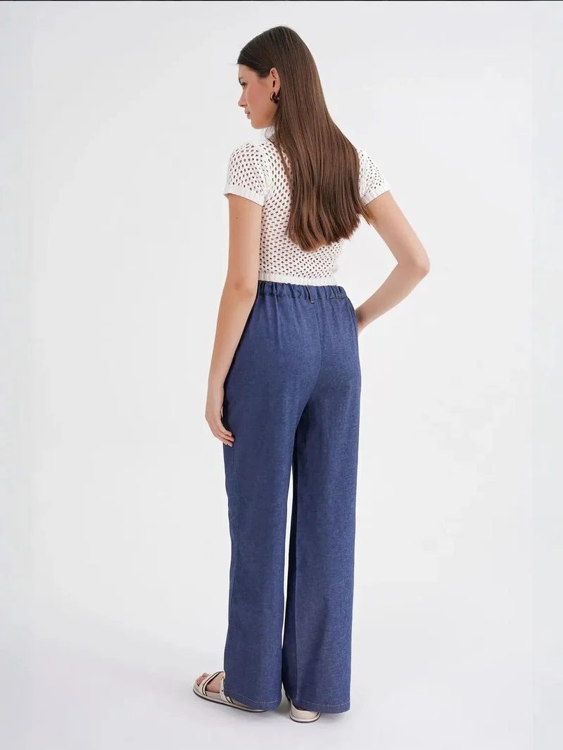 MixRay Moroccan Blue Mixray Straight Leg Drawstring Denim Looking Pants for Women | Best Price UAE