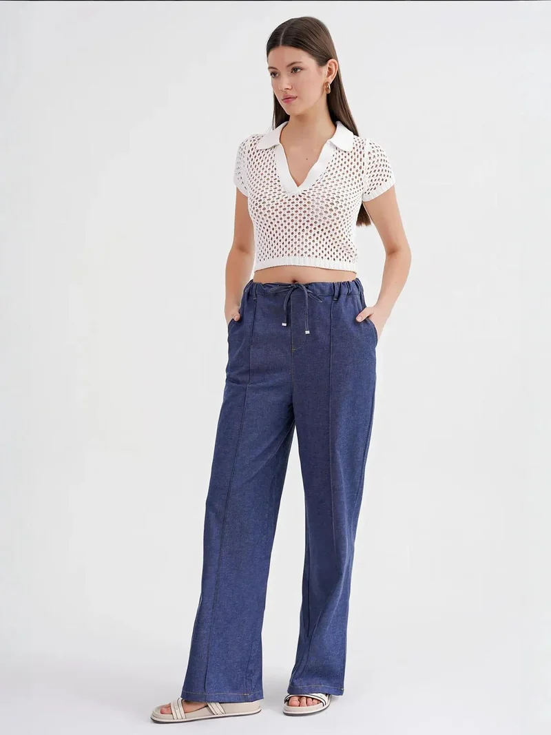 MixRay Moroccan Blue Mixray Straight Leg Drawstring Denim Looking Pants for Women | Best Price UAE