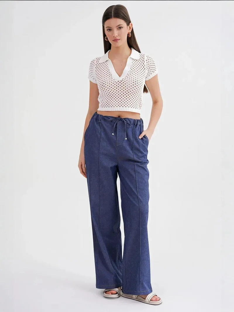 Mixray Straight Leg Drawstring Denim Looking Pants