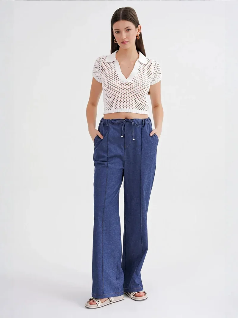 MixRay Moroccan Blue Mixray Straight Leg Drawstring Denim Looking Pants for Women | Best Price UAE