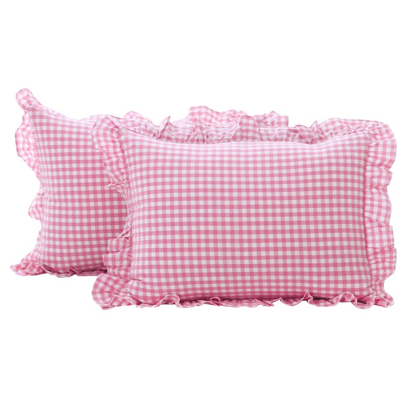 K MASANIJI 2 Pack Pink White Plaid Ruffle Gingham Standard Pillow Covers, 100% Washed Cotton Checkered Girly Bed Pillow Shams - 20"x26" - Image 1