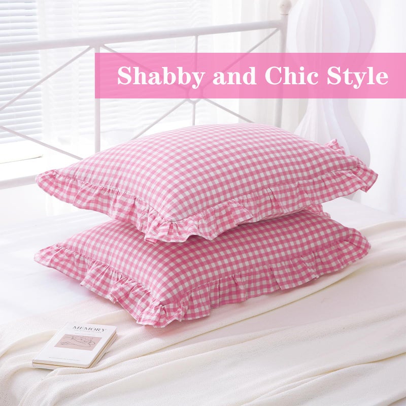 K MASANIJI 2 Pack Pink White Plaid Ruffle Gingham Standard Pillow Covers, 100% Washed Cotton Checkered Girly Bed Pillow Shams - 20"x26" - Image 4