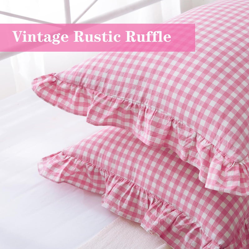 K MASANIJI 2 Pack Pink White Plaid Ruffle Gingham Standard Pillow Covers, 100% Washed Cotton Checkered Girly Bed Pillow Shams - 20"x26" - Image 5
