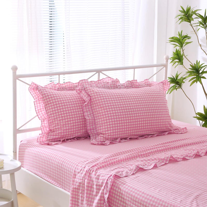 K MASANIJI 2 Pack Pink White Plaid Ruffle Gingham Standard Pillow Covers, 100% Washed Cotton Checkered Girly Bed Pillow Shams - 20"x26" - Image 2