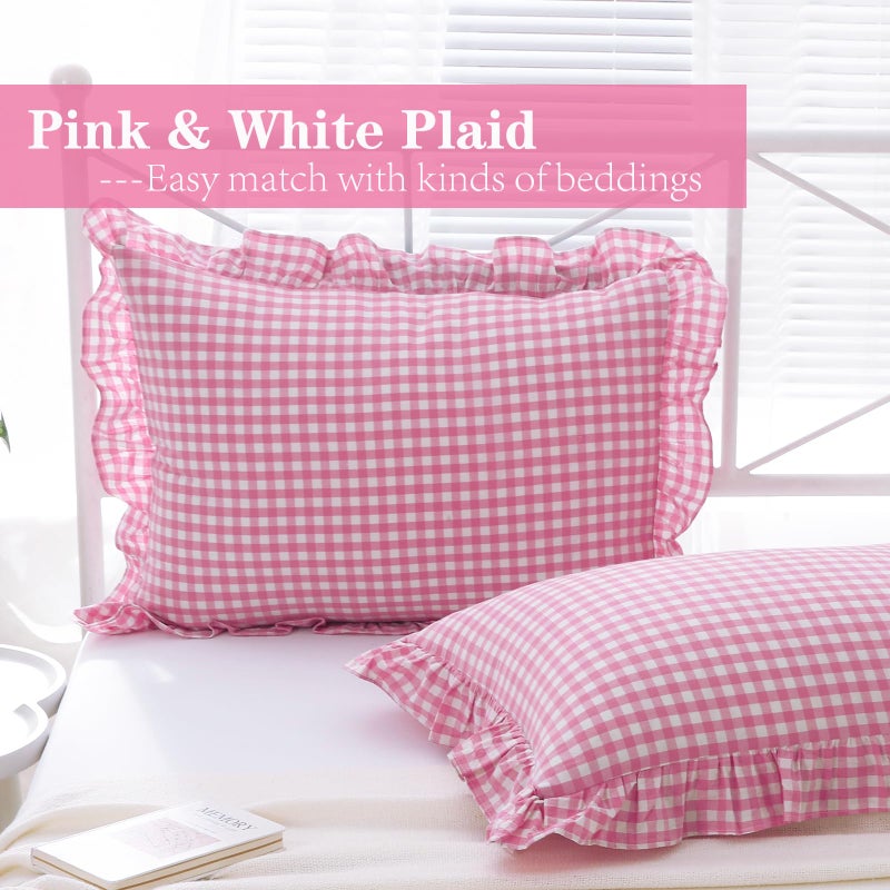 K MASANIJI 2 Pack Pink White Plaid Ruffle Gingham Standard Pillow Covers, 100% Washed Cotton Checkered Girly Bed Pillow Shams - 20"x26" - Image 3