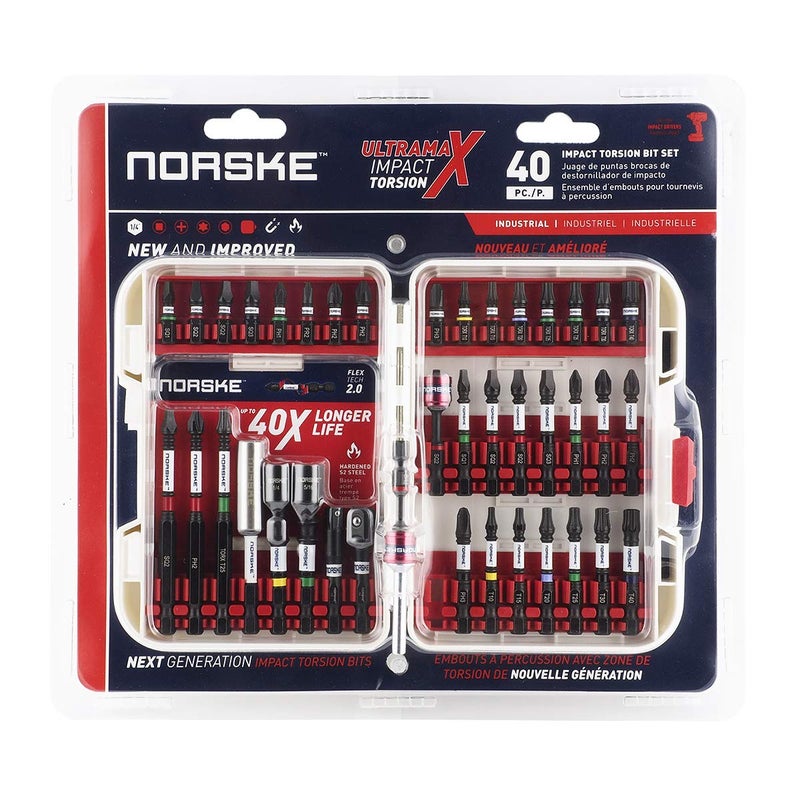 Norske Tools 40pc Screwdriver Bit Set, Impact Torsion, PH & SQ Float Collar, Socket Adapters, Nutsetters and Magnetic Bit Holder