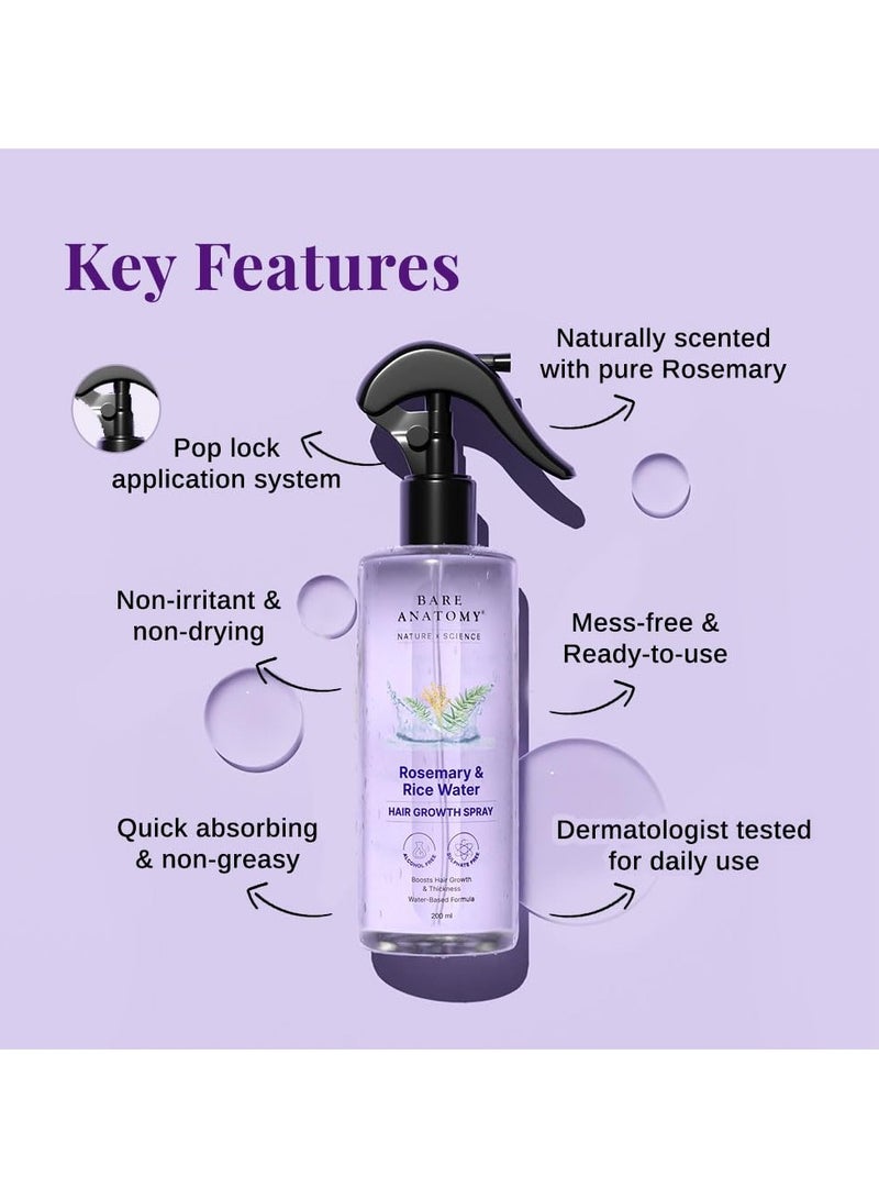 Bare Anatomy Nature x Science Rosemary Water Spray for Hair Growth & Hair Thickness with Rice Water |100% Natural Extract | Soft & Smooth Hair| Controls Hairfall| Non-Greasy & Fast Absorbing | 200 ml - Image 4