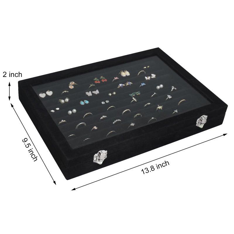 Siveit Rings Organizer Tray 10 Slots Velvet Ring Display Tray Insert Jewelry Earring Storage Box with Transparent Glass lid Can Hold 100 Rings Earrings Suitable for Girls and Women (Black) - Image 3