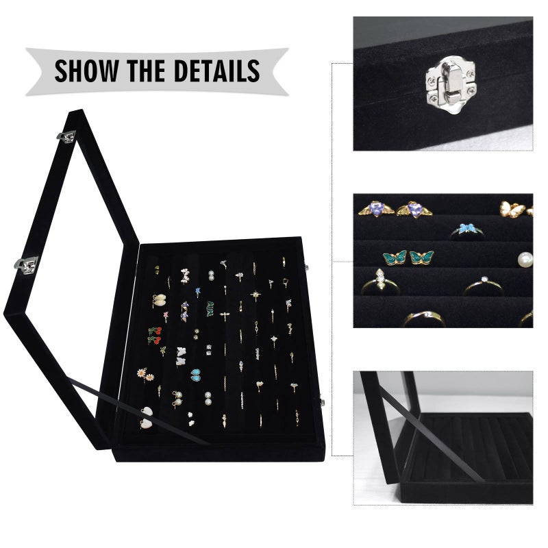 Siveit Rings Organizer Tray 10 Slots Velvet Ring Display Tray Insert Jewelry Earring Storage Box with Transparent Glass lid Can Hold 100 Rings Earrings Suitable for Girls and Women (Black) - Image 4