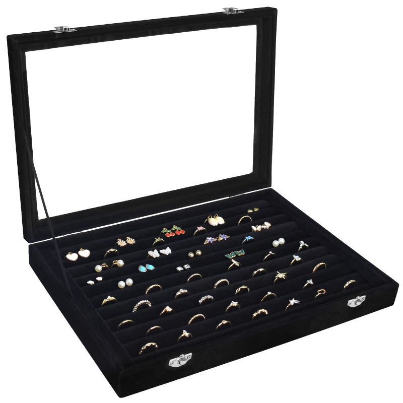 Siveit Rings Organizer Tray 10 Slots Velvet Ring Display Tray Insert Jewelry Earring Storage Box with Transparent Glass lid Can Hold 100 Rings Earrings Suitable for Girls and Women (Black) - Image 1