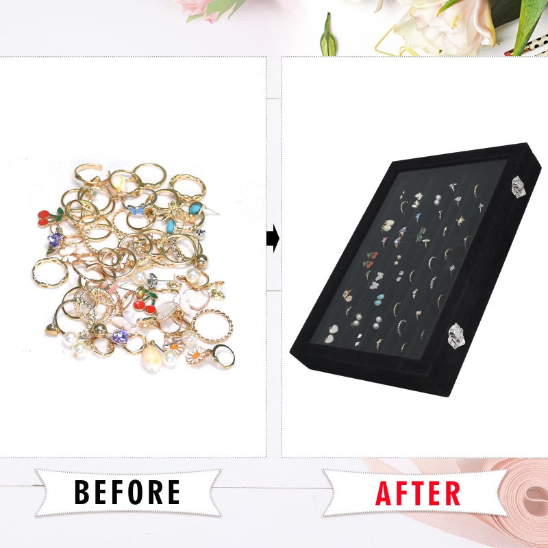 Siveit Rings Organizer Tray 10 Slots Velvet Ring Display Tray Insert Jewelry Earring Storage Box with Transparent Glass lid Can Hold 100 Rings Earrings Suitable for Girls and Women (Black) - Image 5