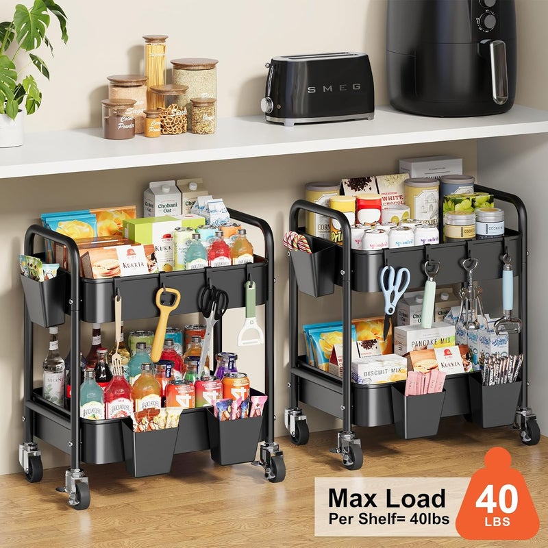 Aofure 2 Tier Metal Rolling Utility Cart with Wheels Under Desk Storage Cart with Handle, Roll Around Organizer Trolley for Small Space Pantry Bathroom Home Kitchen Office Snack Baby Supplies, Black - Image 5