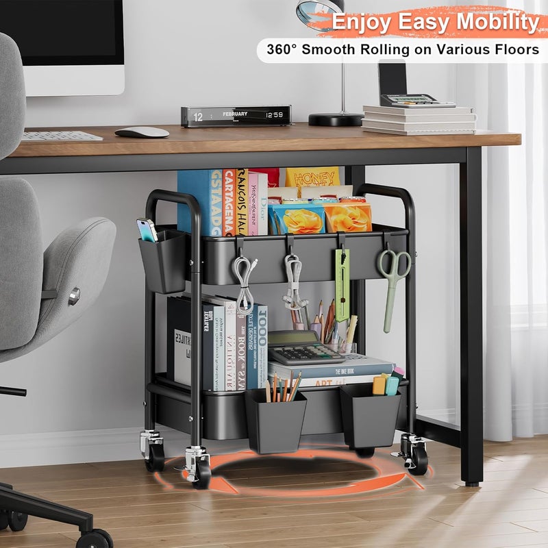 Aofure 2 Tier Metal Rolling Utility Cart with Wheels Under Desk Storage Cart with Handle, Roll Around Organizer Trolley for Small Space Pantry Bathroom Home Kitchen Office Snack Baby Supplies, Black - Image 2