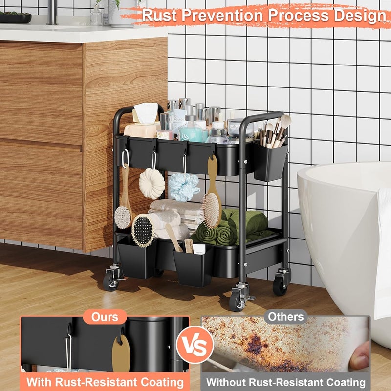 Aofure 2 Tier Metal Rolling Utility Cart with Wheels Under Desk Storage Cart with Handle, Roll Around Organizer Trolley for Small Space Pantry Bathroom Home Kitchen Office Snack Baby Supplies, Black - Image 4