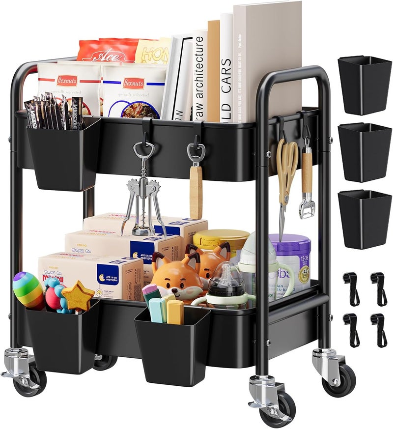 Aofure 2 Tier Metal Rolling Utility Cart with Wheels Under Desk Storage Cart with Handle, Roll Around Organizer Trolley for Small Space Pantry Bathroom Home Kitchen Office Snack Baby Supplies, Black - Image 1