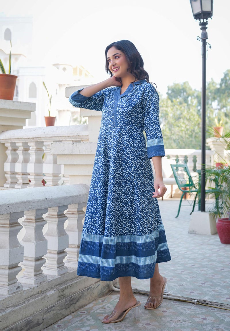 Yash Gallery Women's Cotton Floral Printed Maxi Anarkali Dress (Blue, 3XL) - Image 3