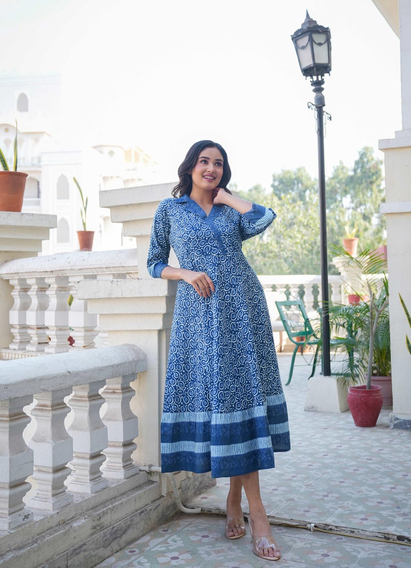 Yash Gallery Women's Cotton Floral Printed Maxi Anarkali Dress (Blue, 3XL) - Image 5
