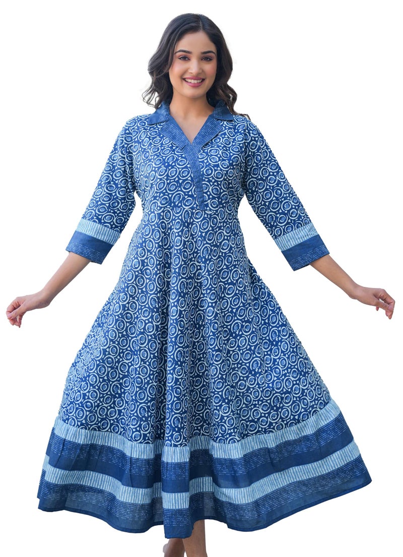 Yash Gallery Women's Cotton Floral Printed Maxi Anarkali Dress (Blue, 3XL) - Image 1