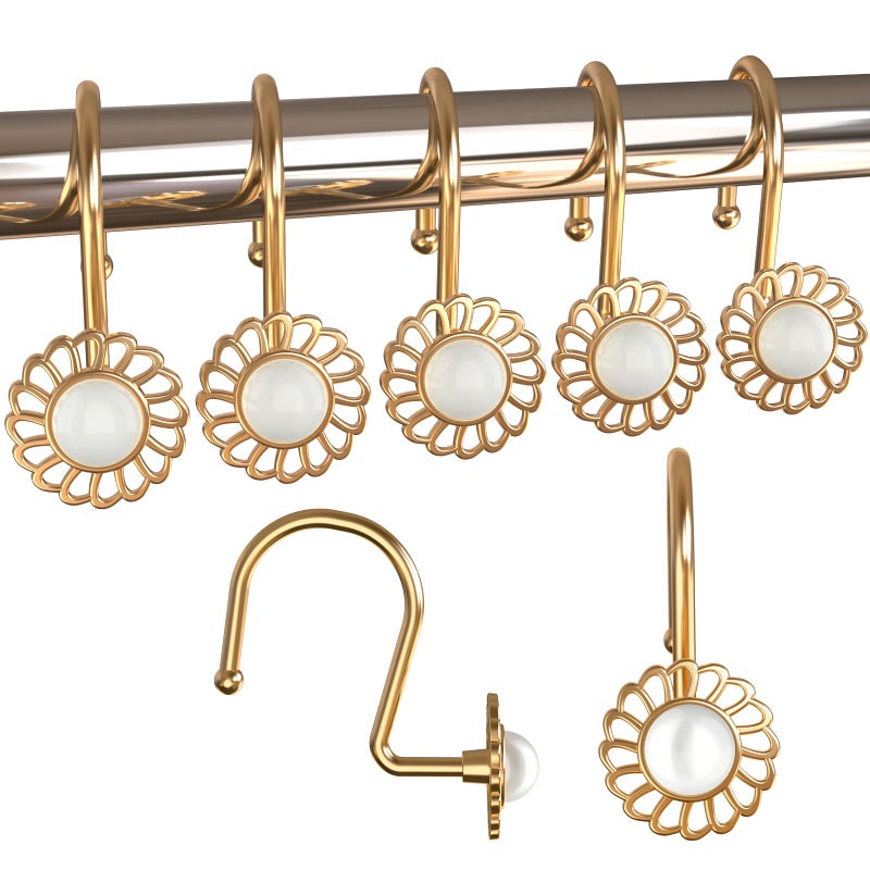 مجموعة لووندرا من 12 حلقة ستارة معدنية ثقيلة الزخرفة مع خطافات ستارة مقاومة للصدأ، مناسبة لحمامات الاستحمام، مزينة باللؤلؤ والبرونز الذهبي