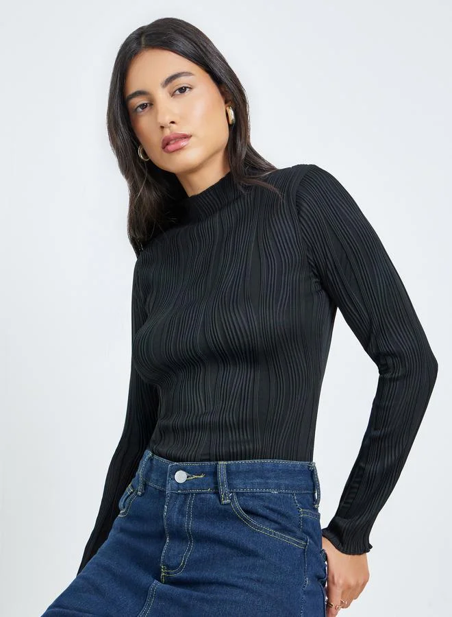 Styli Black Textured Knit Long Sleeve Top
